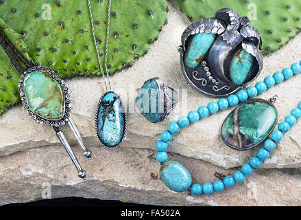 Old Native American Navajo indian turquoise jewelry. Stock Photo