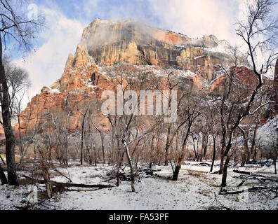 Towers of the Virgin after a snowfall in Zion National Park December 14, 2015 in Springdale, Utah. Stock Photo