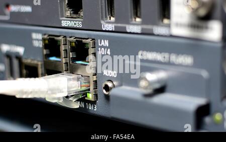 White networking patch cable plug to the ethernet RJ45 port in server. Green led lights. Stock Photo