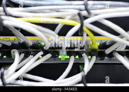 White networking patch cables plug to the ethernet RJ45 port in networking switch. Green led lights. Stock Photo