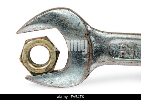 Closeup an old wrench and nut isolated on white background Stock Photo