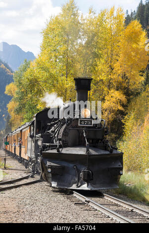 Durango & Silverton Narrow Gauge Railroad steam train in the Animas River Canyon in Southwest Colorado.