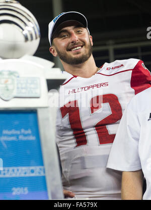 Miami, Florida, USA. Dec. 21st Dec, 2015. Western Kentucky quarterback Brandon Doughty (12) smiles after the Miami Beach Bowl at Marlins Park in Miami, Florida, on Monday, Dec. 21, 2015. Western Kentucky beat South Florida 45-35.Nick Wagner/CSM/Alamy Live News Stock Photo