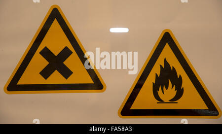 yellow warning signs in science classroom at highschool Stock Photo