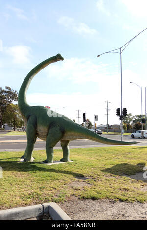 Large dinosaur sculpture near the main road near Gardenworld nursery Braeside Victoria Australia Stock Photo