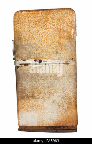 Retro very old rusted fridge refrigerator isolated on white background with clipping path Stock Photo