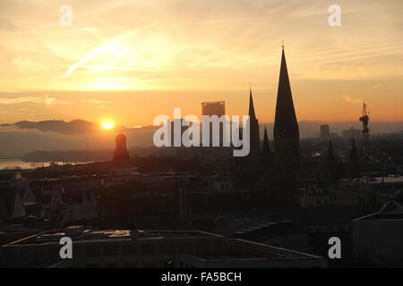 Bonn, Germany, Skyline with sunrise, Muenster Church, Post Tower, UN building Stock Photo