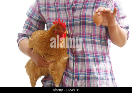 The farmer took the chicken and the egg Stock Photo