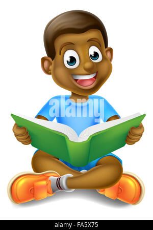 A cartoon little black boy sitting crossed legged enjoying reading a book Stock Photo