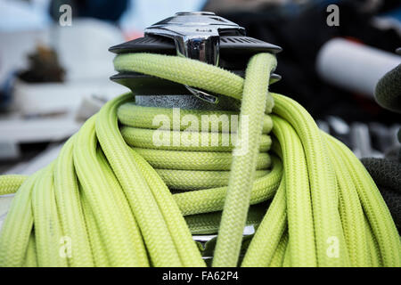 Coil of rope on sailboat winch Stock Photo