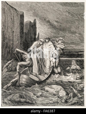 l'Inferno (The Vision of Hell) by the 13c Italian poet Dante Alighieri, illustrated by the 19c French artist Gustave Doré. In the Fifth Circle of Hell where the wrathful are punished, Dante and Virgil cross the River Styx. Their ferryman is Phlegyas. (Canto VIII, lines 39-41) Stock Photo