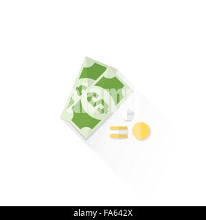 vector dollar bill and coins colored flat design isolated cash money illustration on white background with shadow Stock Vector