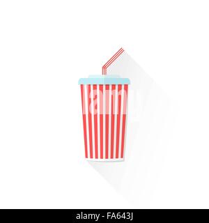vector red color paper carbonated drink cup with cap and straw flat design isolated illustration on white background with shadow Stock Vector