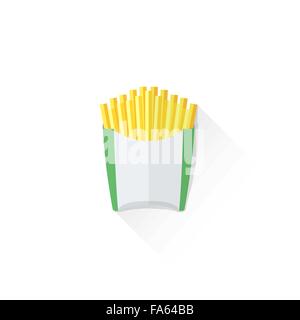 vector french fries in green white fry box wrapper isolated flat design illustration on white background with shadow Stock Vector