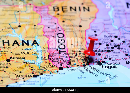 Porto Novo pinned on a map of Africa Stock Photo