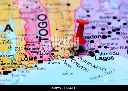 Porto Novo pinned on a map of Africa Stock Photo