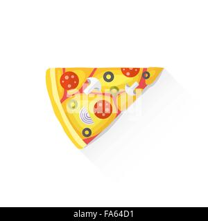 vector italian triangular piece of pizza tomato mushrooms pepperoni sausage olives onion cheese flat design isolated illustratio Stock Vector