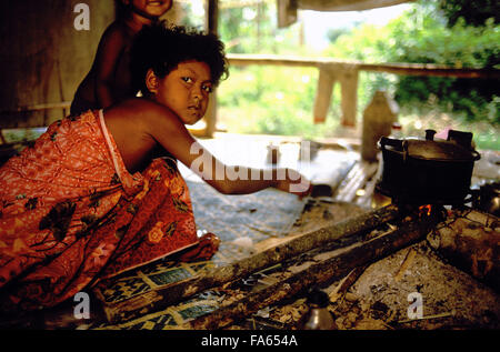 Orang Asli tribe in Taman Negara National Park in central Malaysia Children cooking. Stock Photo