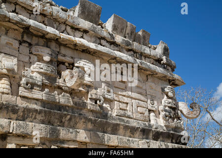 Stone Carvings with Chac Rain God Mask,, The Nunnery (Las Monjas), Chichen Itza, Yucatan, Mexico Stock Photo