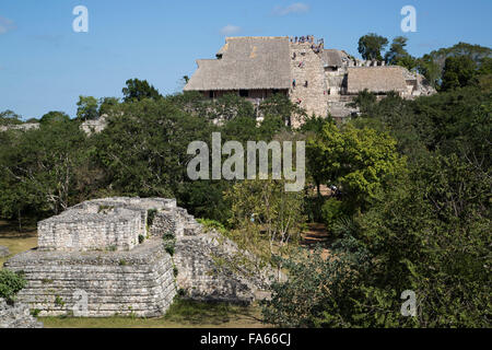 Structure 17 (foreground), The Acropolis (background), Ek Balam Mayan Archaeological Site, Yucatan, Mexico Stock Photo