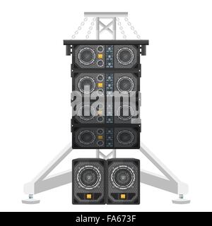 vector colored flat design line array loudspeakers satellites suspended metal truss subwoofers isolated illustration on white ba Stock Vector