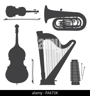 vector xylophone violin harp bass tuba contrabass cello dark grey silhouettes illustration set Stock Vector