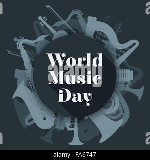 vector flat design world music day rounded poster illustration saxophone harp tuba trumpet violin xylophone dark grey color back Stock Vector