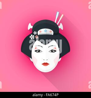 vector color flat design attractive japanese geisha face with black hair hairpins with shadow isolated illustration on pink back Stock Vector