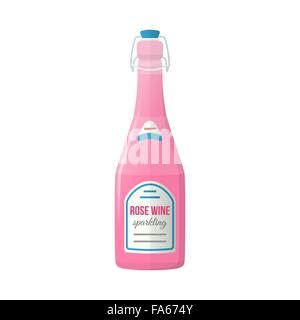 vector pink color flat design rose sparkling wine lightning stopper bottle with label isolated illustration on white background Stock Vector