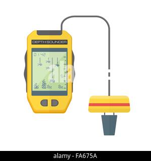 vector fish finder yellow color black red elements flat design fishing depth sounder device float isolated illustration white ba Stock Vector