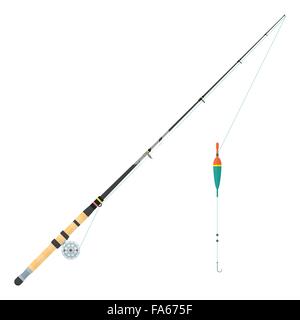 vector black color flat design float fishing rod cork handle lure setup isolated illustration white background Stock Vector