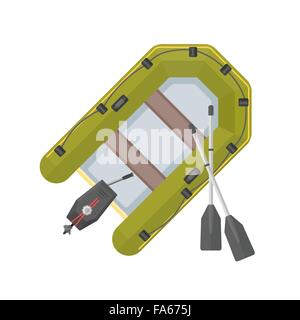 vector green color yellow stripes flat design inflatable boat black engine aluminum paddle isolated illustration white backgroun Stock Vector