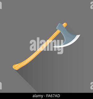vector colored flat design metal sharp battle axe wood handle isolated illustration gray background long shadow Stock Vector