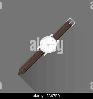 vector colored flat design metal wristwatch brown leather strap isolated illustration gray background long shadow Stock Vector