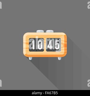 vector colored wood flat design retro alarm flip clock isolated illustration gray background long shadow Stock Vector