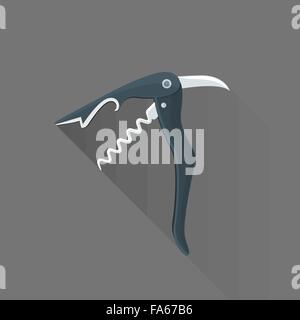 vector black color flat design sommelier knife corkscrew isolated illustration gray background long shadow Stock Vector