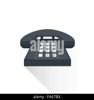 vector black color flat design retro landline phone with buttons illustration isolated white background long shadow Stock Vector