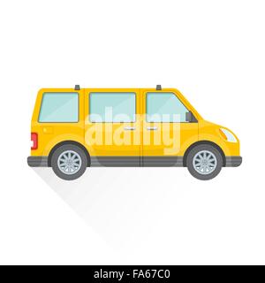vector yellow color flat design passenger minivan body type vehicle illustration isolated white background long shadow Stock Vector