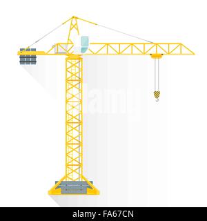 vector yellow color flat design construction tower crane white cabin illustration isolated white background long shadow Stock Vector