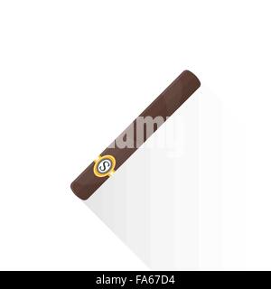 vector brown color flat design rolled cigar with brand golden label illustration isolated white background long shadow Stock Vector