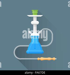 vector colored flat design metal hookah blue base water jar green bowl gray hose wooden tip illustration isolated gray backgroun Stock Vector
