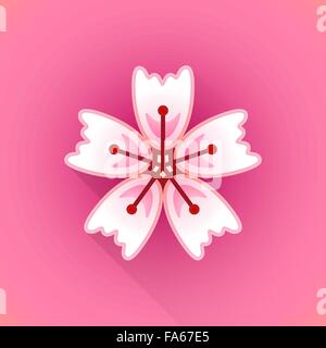 vector pink color flat design japan cherry sakura flower illustration isolated red background long shadow Stock Vector