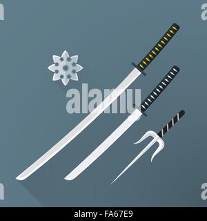 vector colored flat design japan cold steel arms katana sword wakizashi shuriken sai isolated illustration gray background long Stock Vector