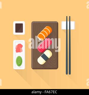 vector color flat design japan ceremony sushi rolls wood plate pickled ginger wasabi soy sauce sticks isolated illustration ligh Stock Vector