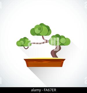 vector textured colored flat design green bonsai tree wooden pot illustration isolated light background long shadow Stock Vector