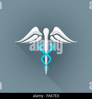 vector colored flat design caduceus white wing blue snake Rod of Asclepius symbol illustration isolated dark background long sha Stock Vector
