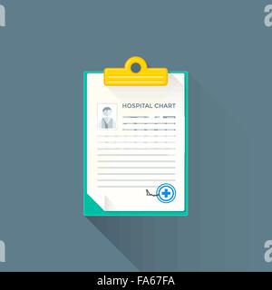 vector colored flat design hospital chart person photo sign print crest teal clipboard golden clip illustration isolated dark ba Stock Vector