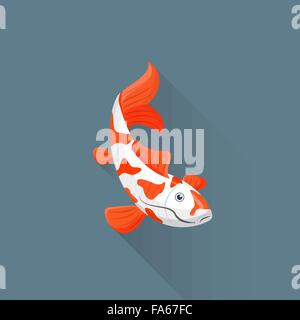 vector colored flat design white orange red japanese carp koi illustration isolated dark background long shadow Stock Vector