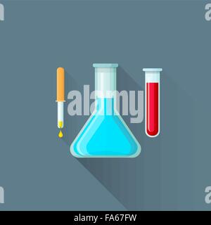 vector colored flat design yellow pipette blue flask red bloody test-tube laboratory glassware illustration set isolated dark ba Stock Vector