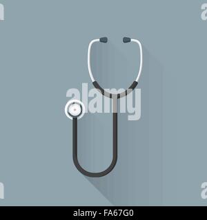 vector colored flat design black medical sound stethoscope illustration isolated dark background long shadow Stock Vector